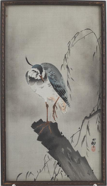 Ohara Koson, "Lapwing on tree stump".