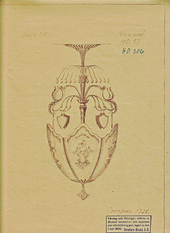 Edward Hald, a Swedish Grace ceiling lamp, Orrefors, 1920s.