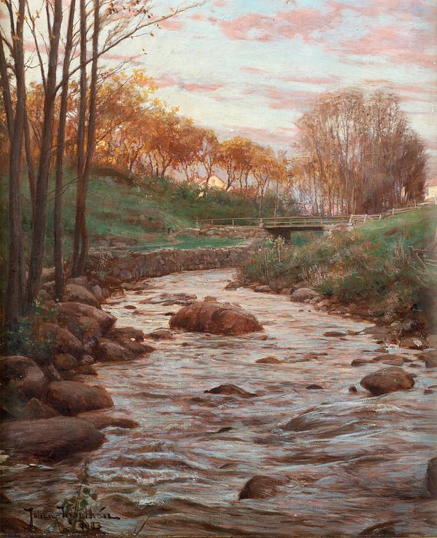 Johan Krouthén, Autumn landscape with bridge over stream.