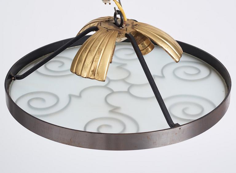 Lars Holmström, a Swedish Grace brass and steel framed ceiling light, Arvika 1920-30s.
