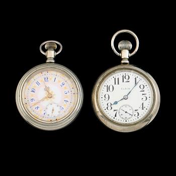 FICKUR, 2 st, nickel, bl a Elgin, omkring år 1900.