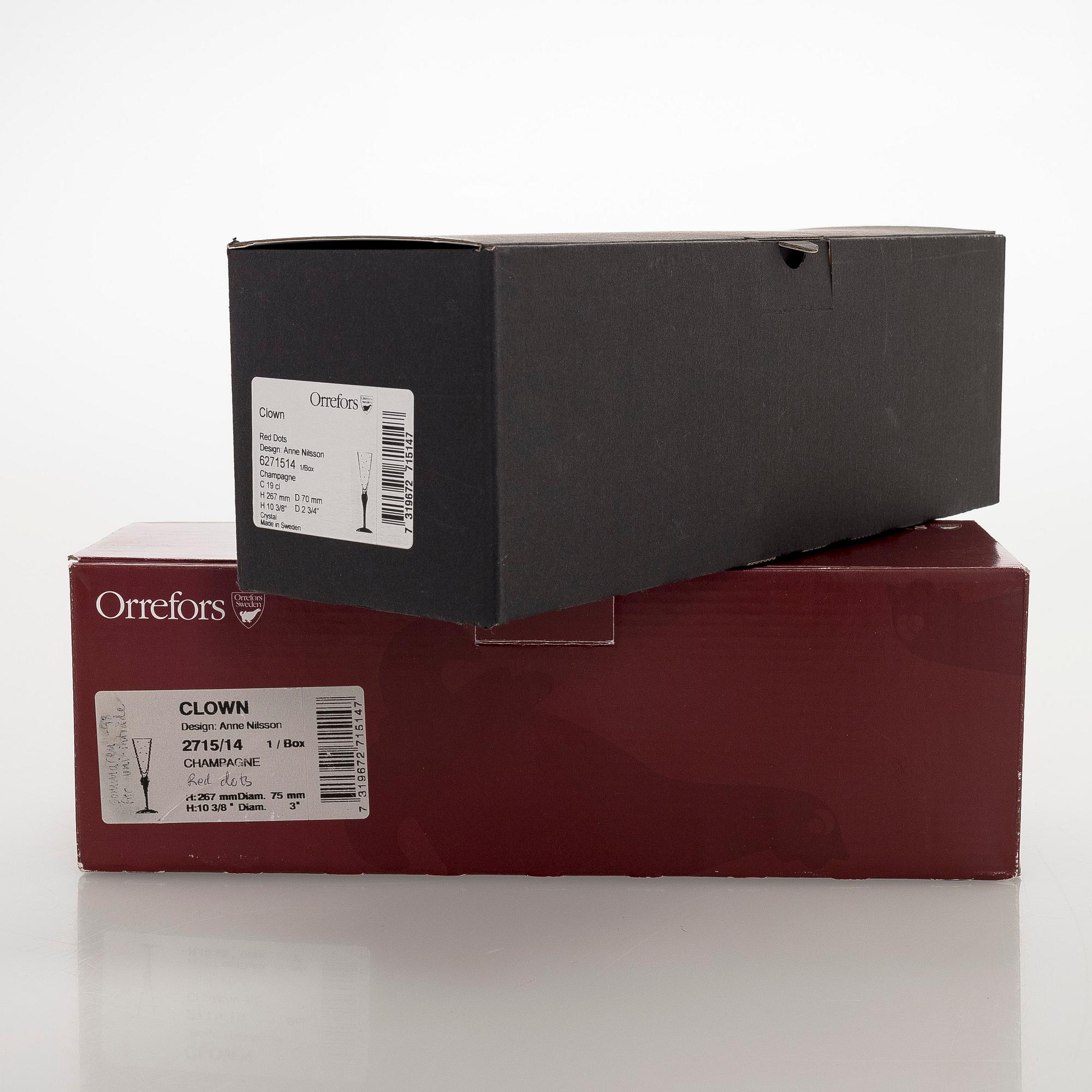 Anne Nilsson, a set of twelve 'Clown' champagne glasses, Orrefors.