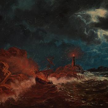 Marcus Larsson, A burning steamboat on stormy sea.