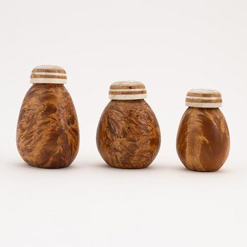 A set of three birch and reindeer salt and sugar containers by Thore Sunna, before 1965.