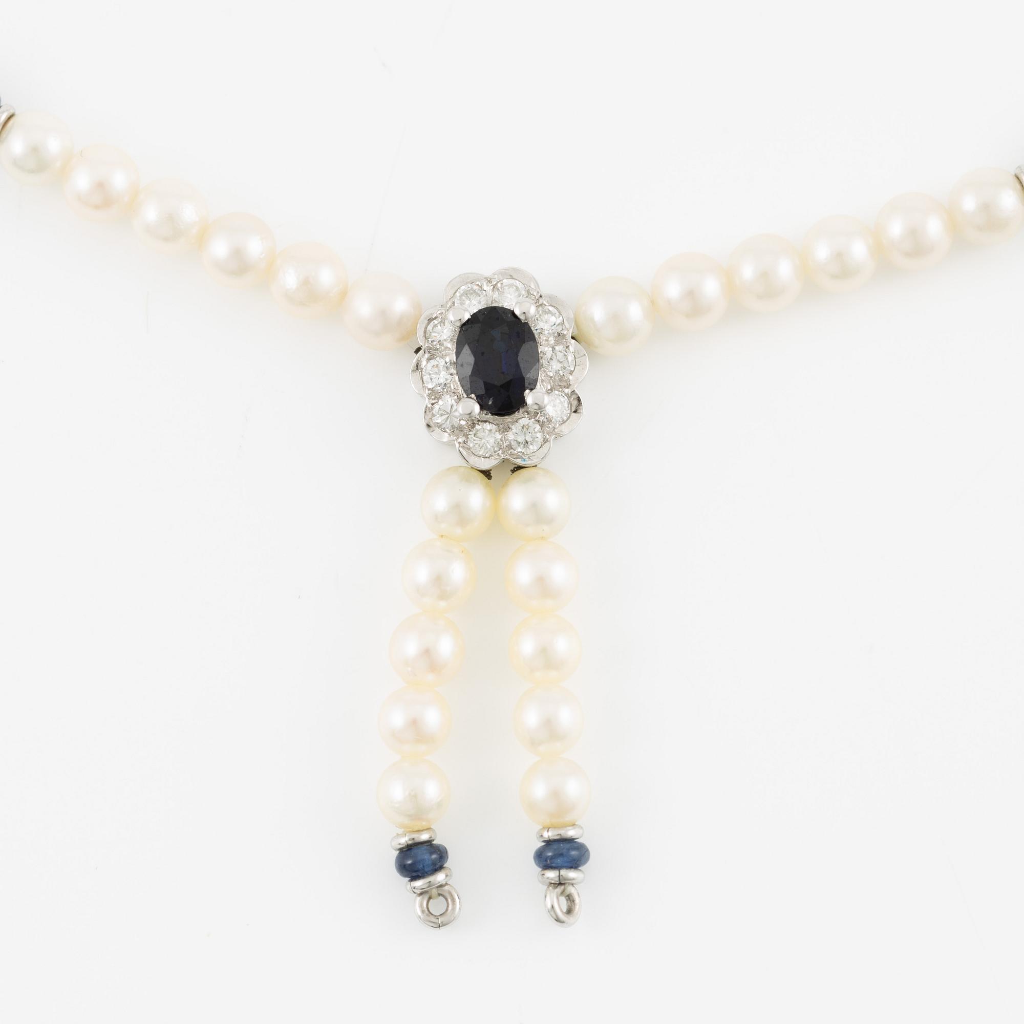 Necklace, 18K white gold with cultured pearls, sapphires, and brilliant-cut diamonds.