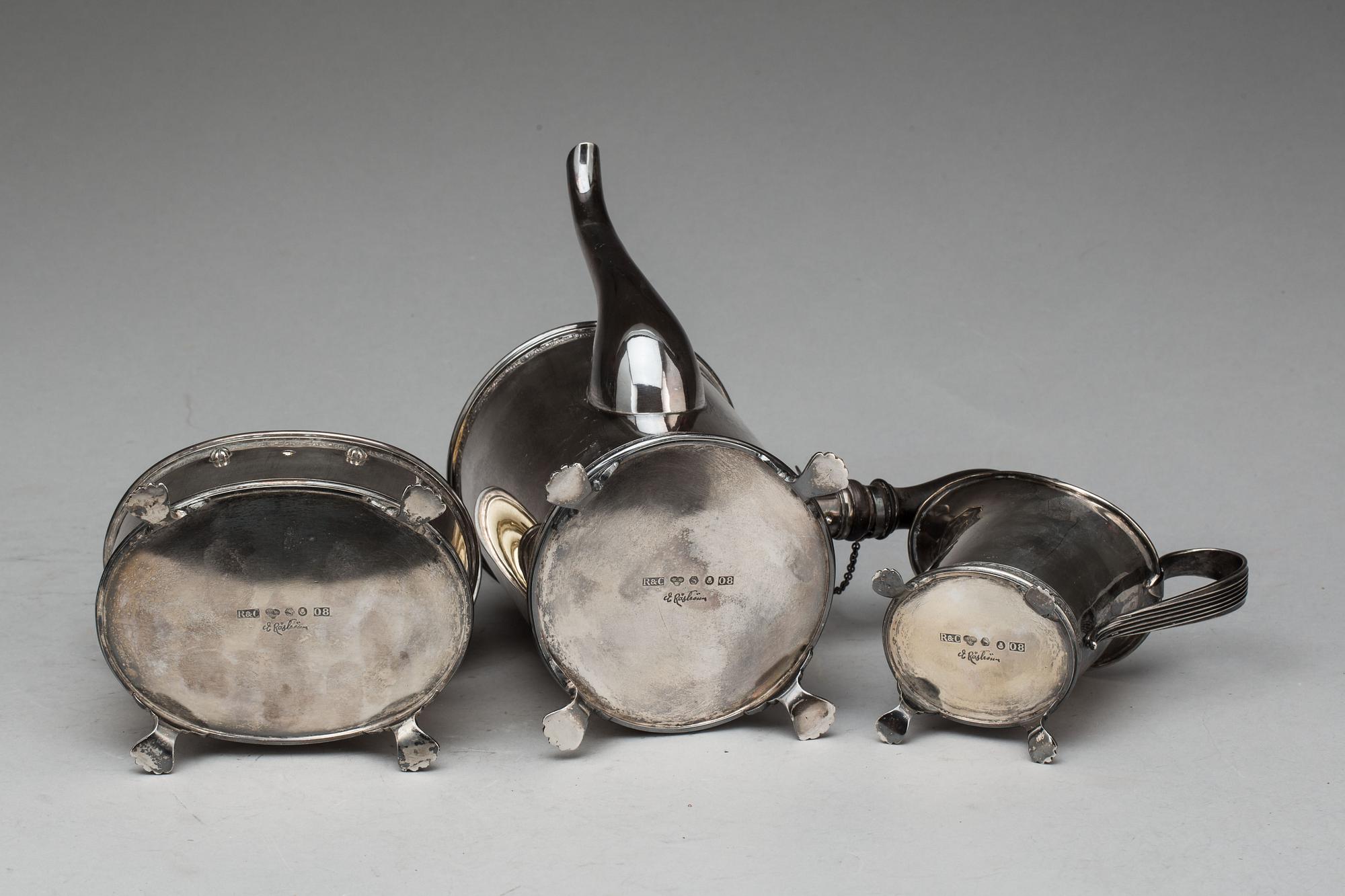 KAFFESERVIS, 3 delar silver, Eric Råström för RÅSTRÖM & CARLMAN, Stockholm,  1948. Vikt ca 1454 g.