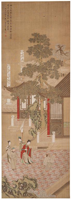 A Chinese scroll painting, ink and colour on paper, Qing dynasty, 19th Century.