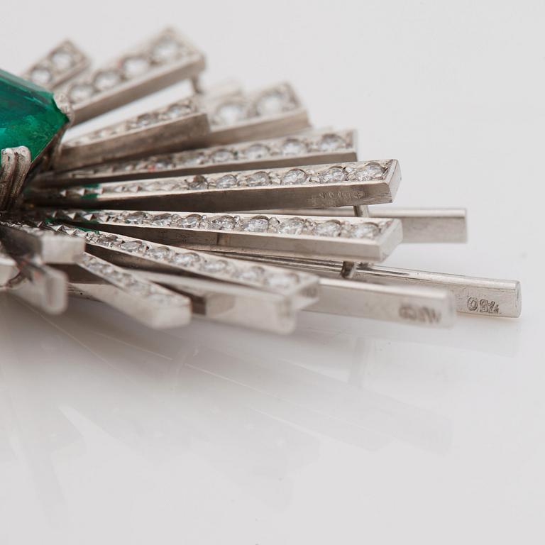 A emerald cut emerald, brilliant- and single cut diamond pendant.