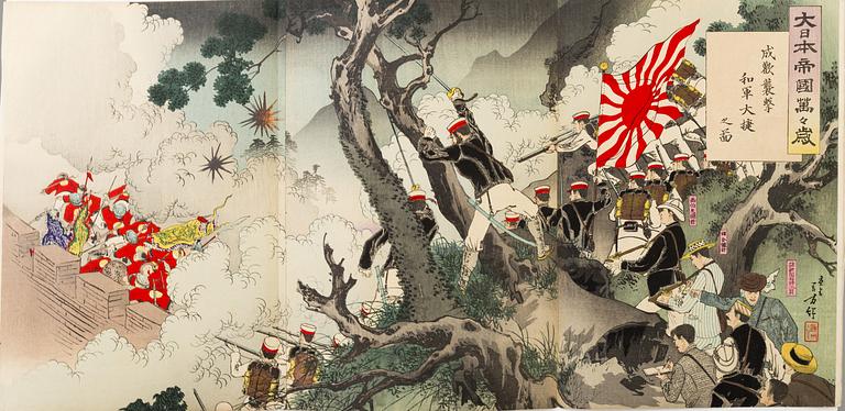 TRIPTYKER, två st, färgträsnitt, Japan, "Rysk-japanska kriget".