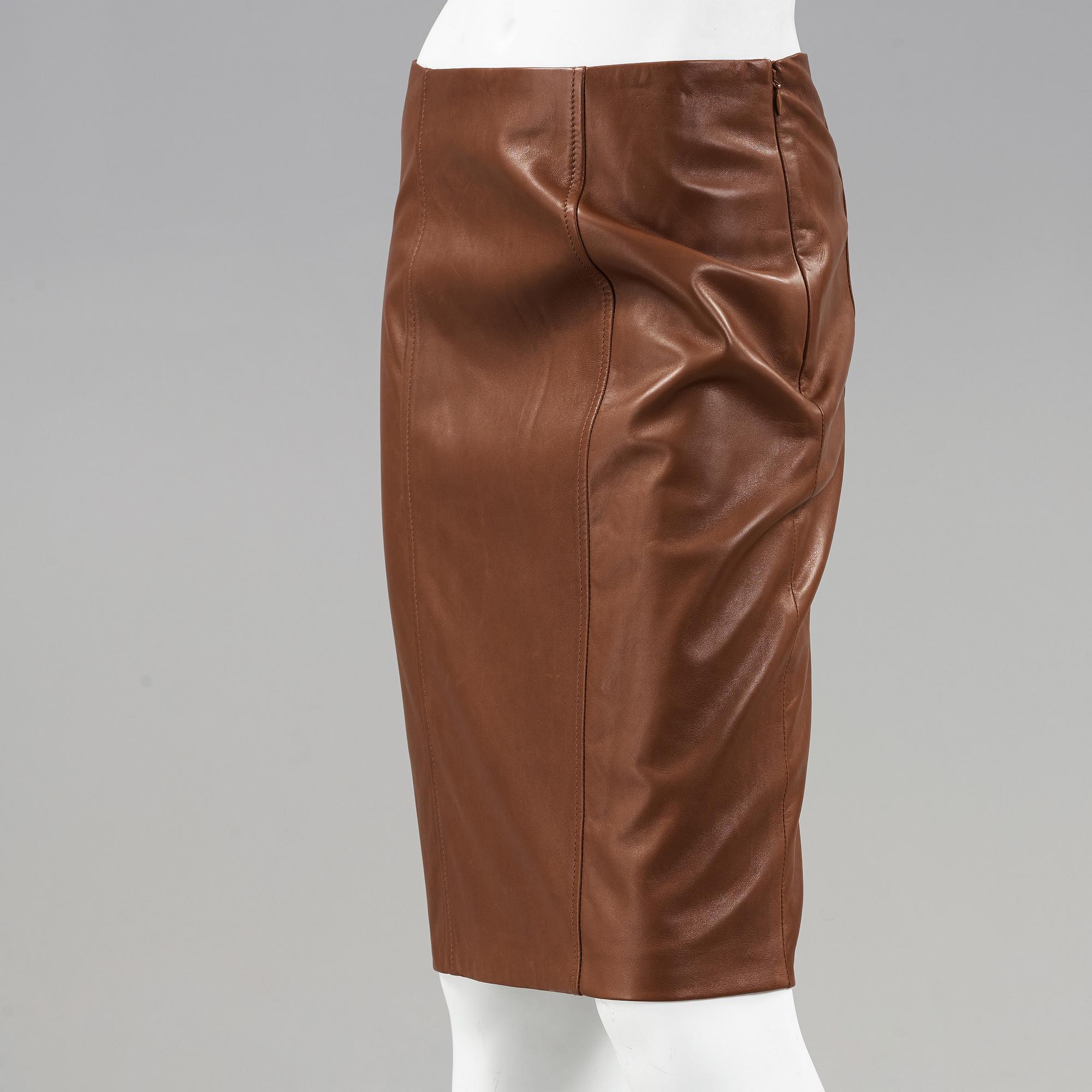 A brown lamb leather skirt by Ralph Lauren.