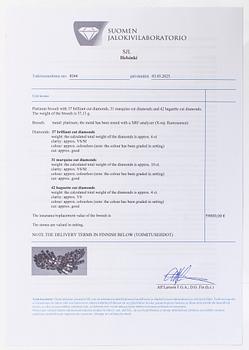 Rintaneula/ hiuskoru platinaa, navette-, briljantti- ja baguettihiottuja timantteja yht. noin 20.00 ct.