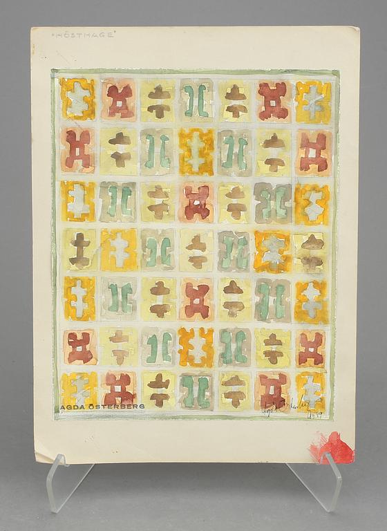 CARPET SKETCHES, 4 sheets. Watercolour and graphite. Three by Agda Österberg and one by Astrid Nyström.