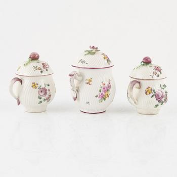 A set of three Marieberg custard cups with covers, 18th Century.