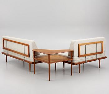 Peter Hvidt & Orla Mølgaard Nielsen, two 'Minerva' sofas and a coffee table, France & Son, Denmark, 1960's.