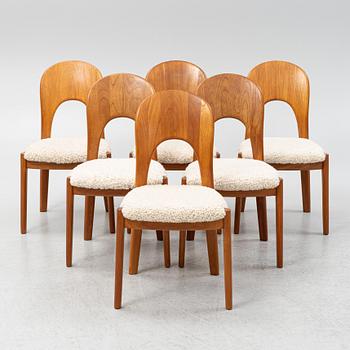 Niels Koefoed, six teak dining chairs upholstered in sheepskin, Denmark, 1960's.