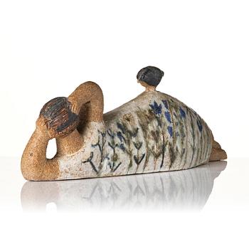 Lisa Larson, a unique chamotte stoneware sculpture of a reclining female figure with a bird, Gustavsberg Studio, probably 1950s-60s.