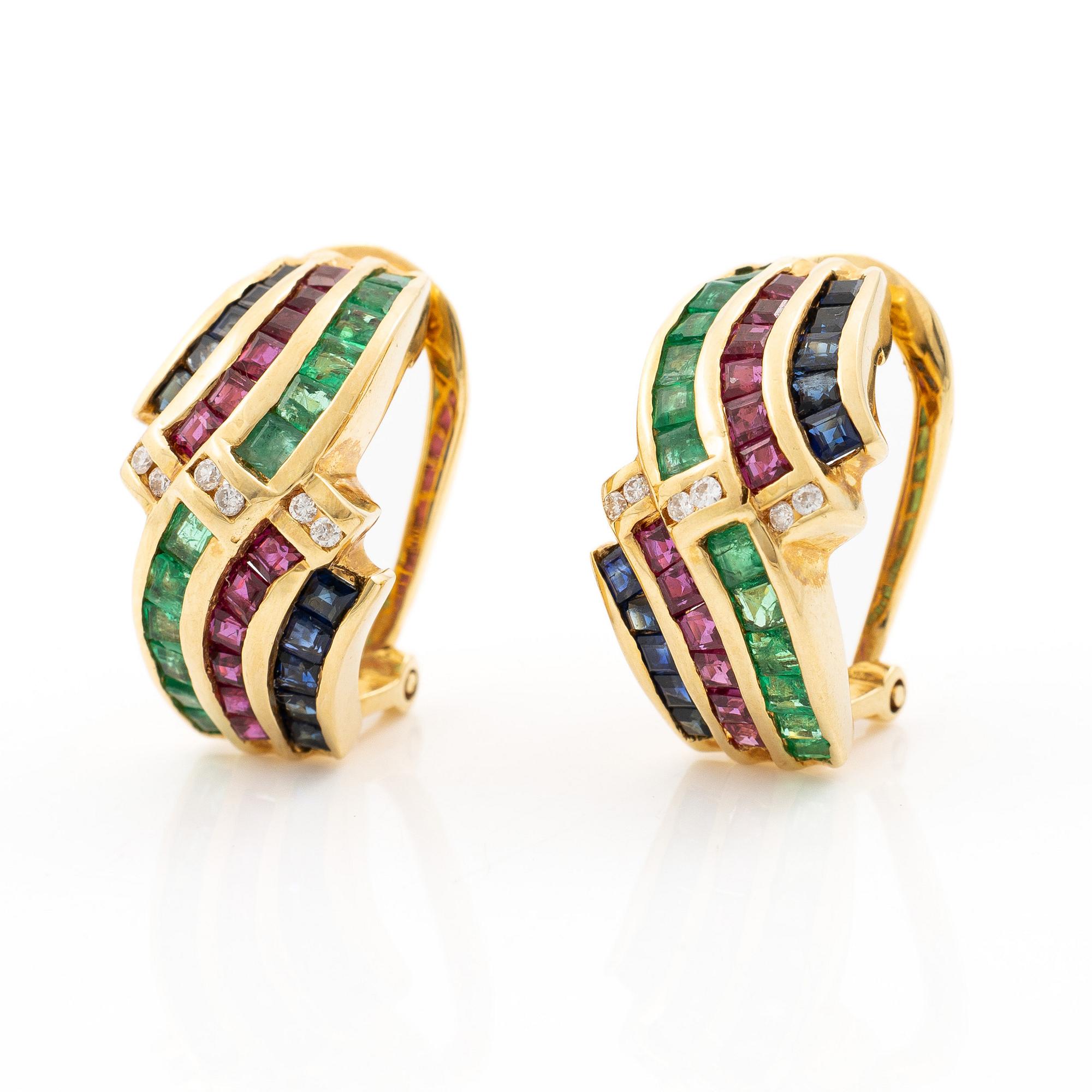 Earrings, a pair, 18K gold set with brilliant-cut diamonds, emeralds, rubies and sapphires.