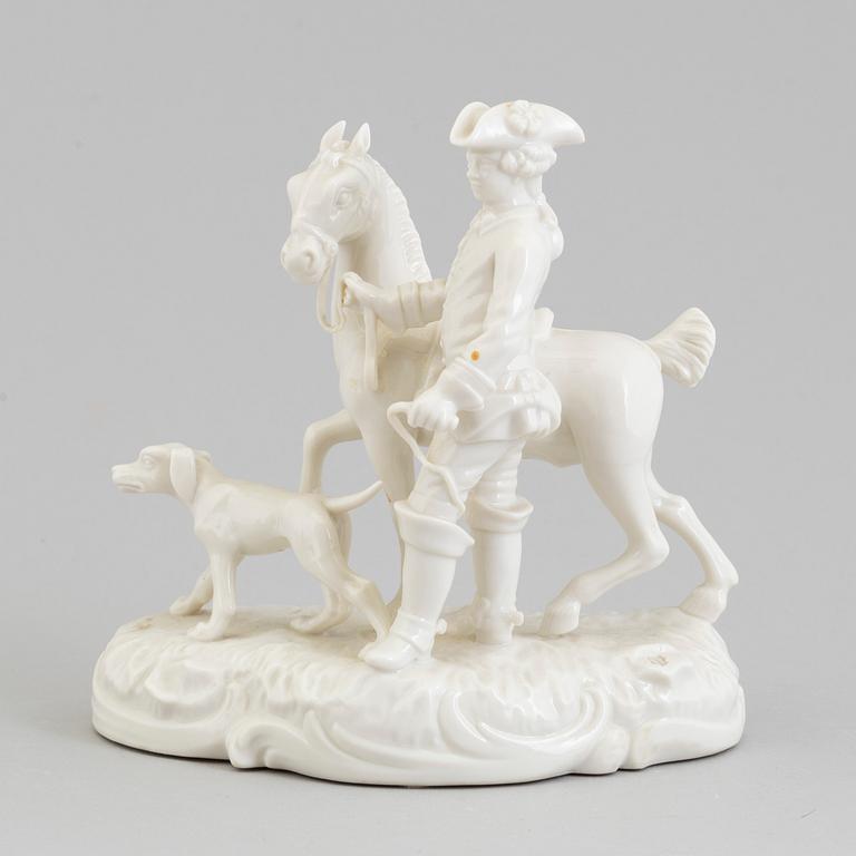 A white glazed figure of a horse with a groom from the 'Kleine Gelbe Frankentahler Jakt', Nymphenburg, Germany, 1960's.