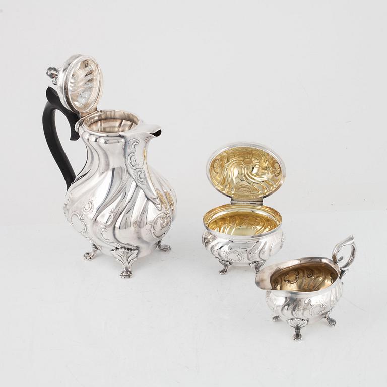 Kaffeservis, 3 delar, silver, rokokostil, GAB / CG Hallberg, Stockholm 1959-62.