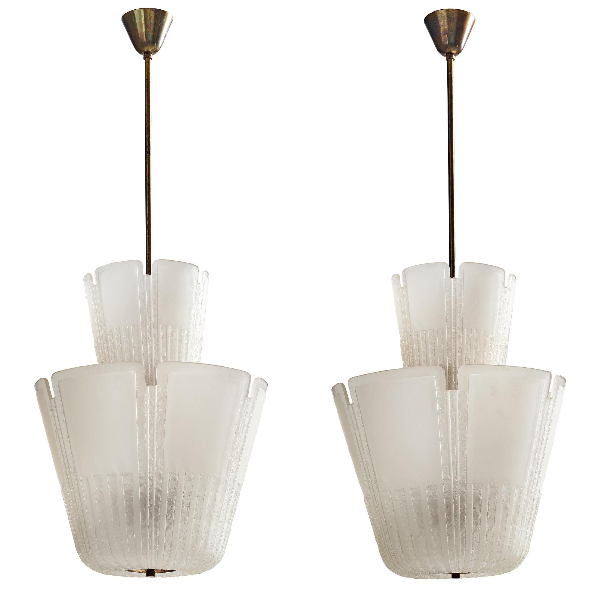 Böhlmarks, a pair of Swedish Modern blasted glass ceiling lights, circa 1938.