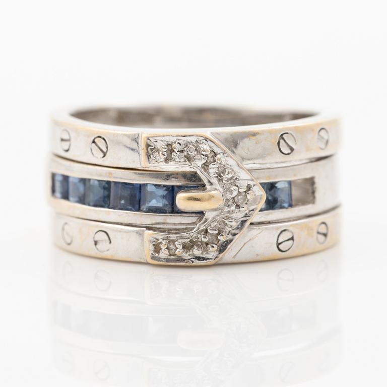 Ring, two-part, 14K white gold with sapphires and small diamonds.