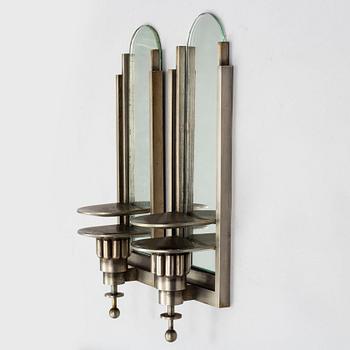 WALL LIGHTS, a pair of 1930's white metal and mirror glass.