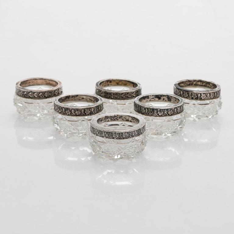 A set of six Estonian glass and silver salt cellars, maker's mark of Hirsch Markowitsch, Tallinn 1922-39.
