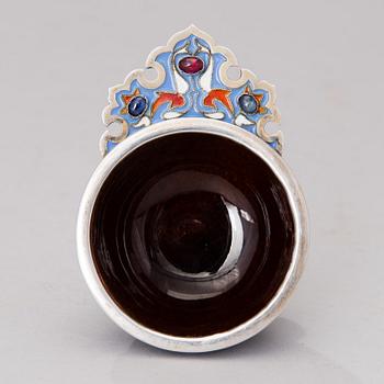 A RUSSIAN CHARKA, silver, ceramic and enamel, St:Petersburg 1885, Fredrik Tiander.