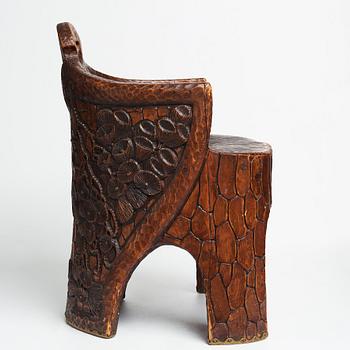 Gustaf Fjaestad, a pair of Art Nouveau carved pine chairs "stabbestolar", Arvika Sweden 1908-09.