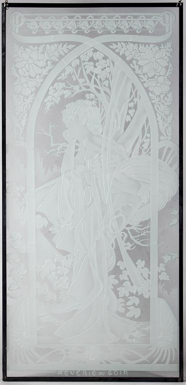 a glass window decor after Alphonse Mucha, 20th century.
