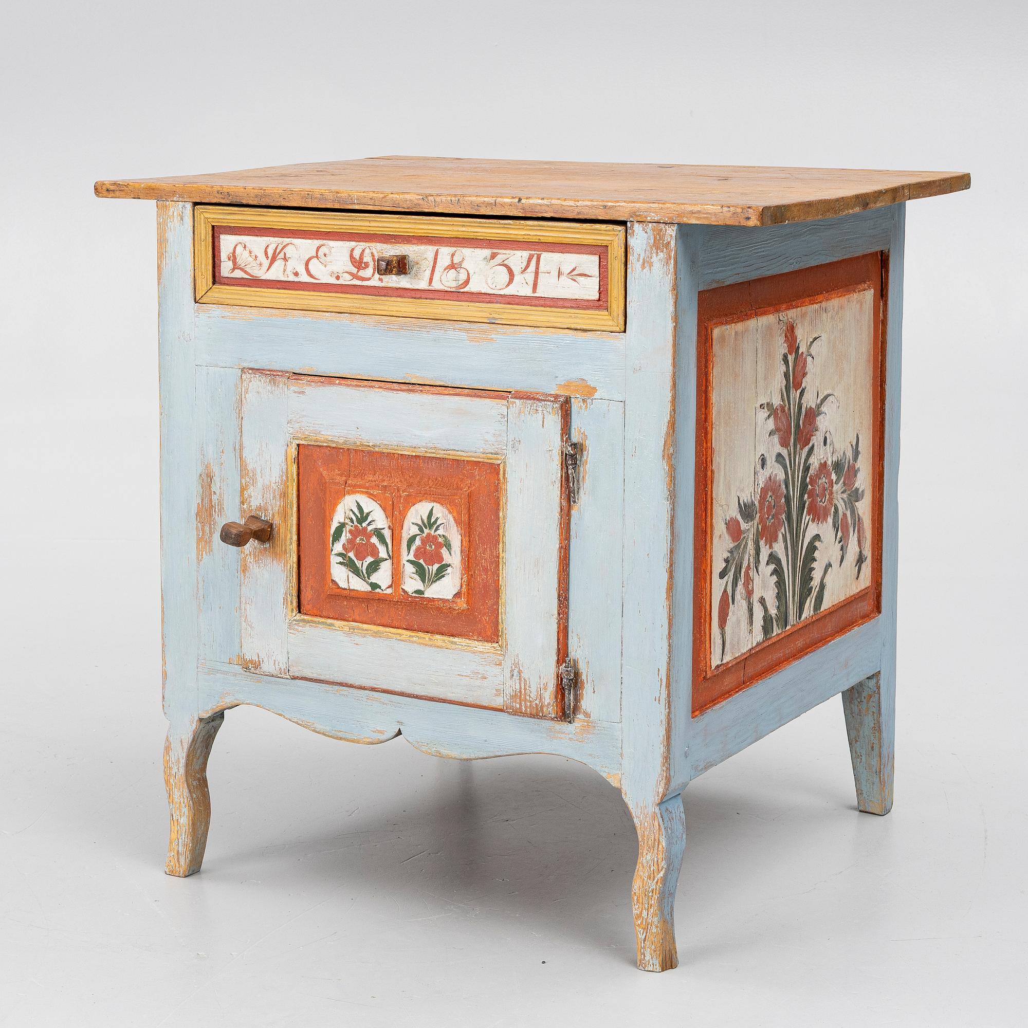 A Swedish folk art polychrome-painted table from Järvsö, Hälsingland, dated 1834.