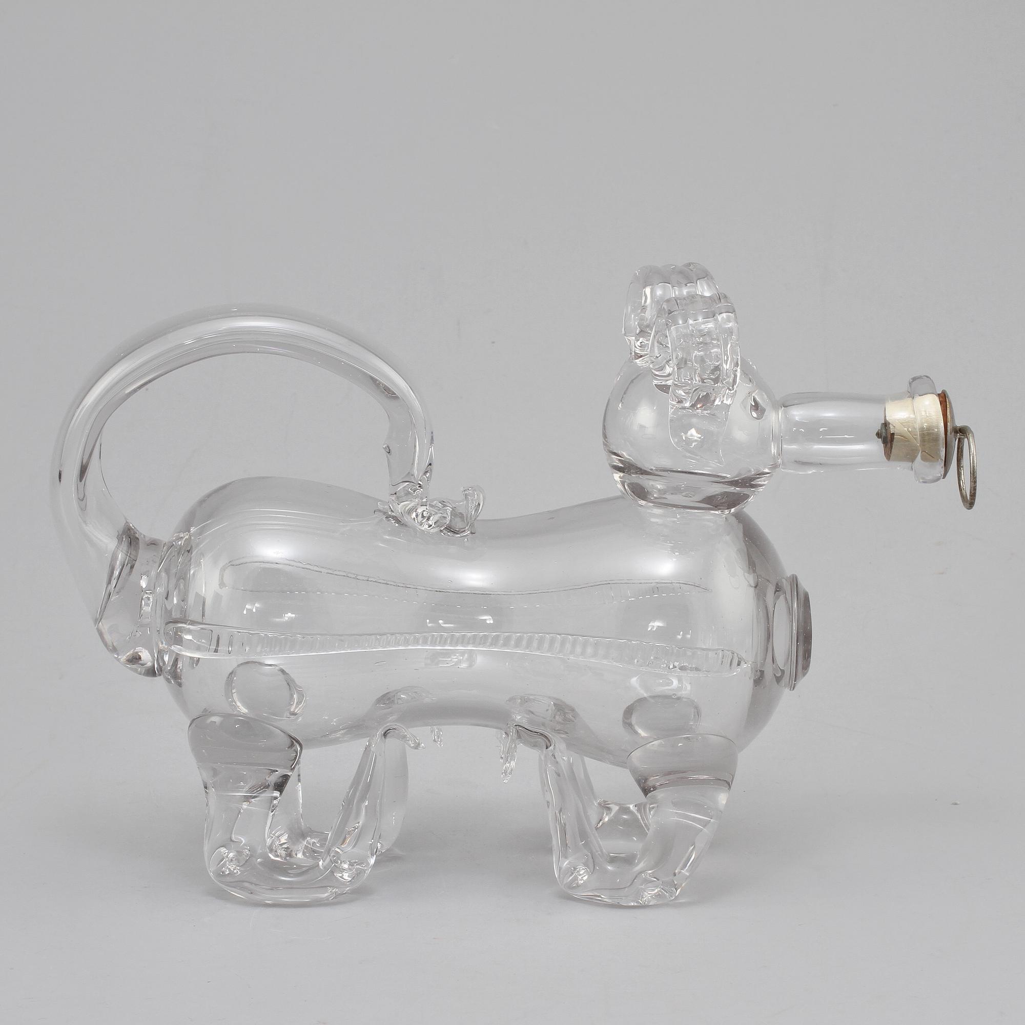 BRÄNNVINSKARAFF, glas, så kallad Fyllehund, 1900-talets mitt.