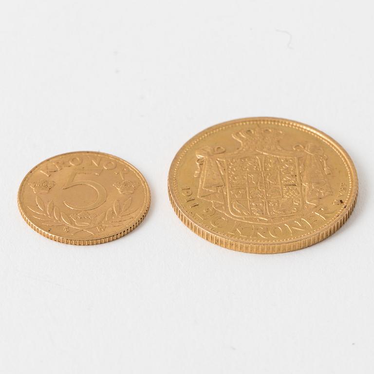 GULDMYNT, 20 kr, Fredrik VIII, Danmark, 1911, samt 5 kr, Gustav V, 1920.