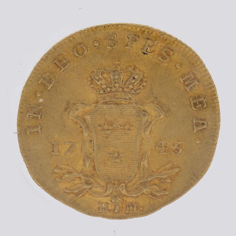 GULDMYNT, dukat, Fredrik I av Sverige, 1745, vikt ca 3,5 gram.