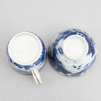 Three small porcelain plates and a cup with saucer, China, 18th century, and an English 19th century cup with saucer.