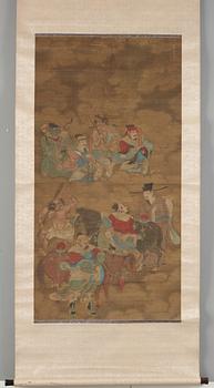 A fine daoist painting of gods holding written spells,  attendants and horsemen, Ming dynasty, 17th century.