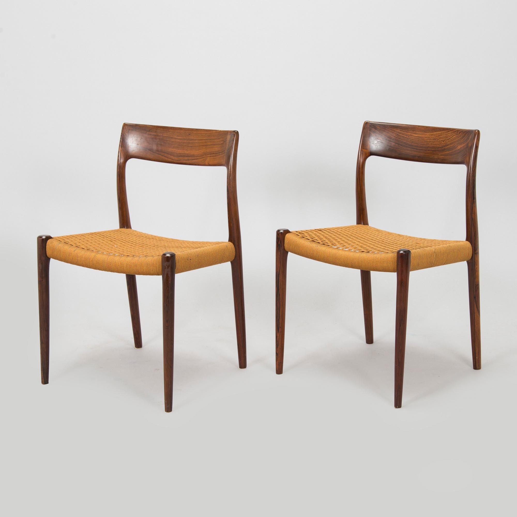 Niels Otto Møller, tuoleja, 6 kpl,  "77", J.L. Møllers Møbelfabrik, Tanska 1900-luvun puoliväli.