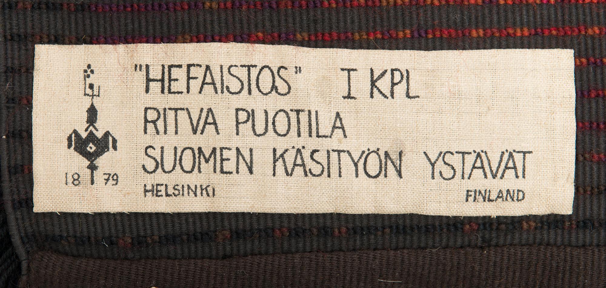 RITVA PUOTILA, Finnish ryijy rug for the Friends of Finnish Handicraft. Circa 188x125 cm.