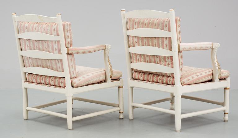 A Gustavian 18th Century armchair. Comprising one copy from the 19th Century.