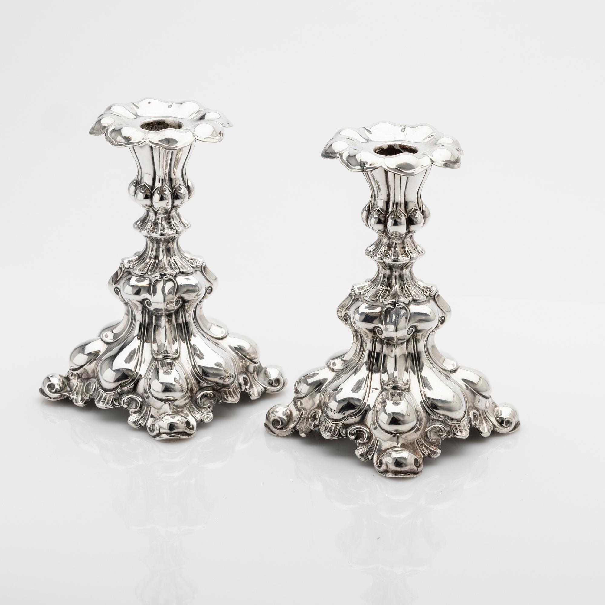 C.G. Hallberg, Candelsticks, a pair, silver, Baroque style, 1942, Stockholm.