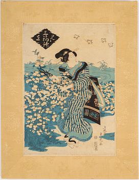 KITAGAWA UTAMARO, samt KATSUKAWA SHUNSHO, efter. Färgträsnitt, två stycken. Japan, sent 1800-tal/tidigt 1900-tal.