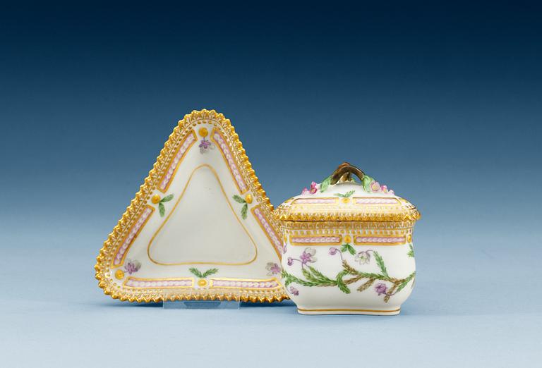 A set of five triangular Royal Copenhagen 'Flora Danica' custard cups with stands, 20th Century.