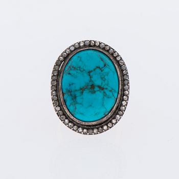 RING, guld (56), turkos ca 40 ct, rosenslipade diamanter tot. ca 1,00 ct. Ryska stämplar.