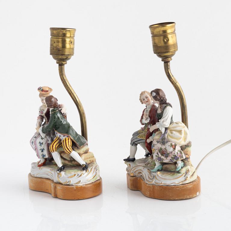 A pair of table lamps/porcelain groups, Vienna-like mark, circa 1900.