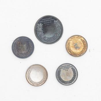 Medaljer, 5 st, silver, Kungl. Myntverket, omkring år 1900.