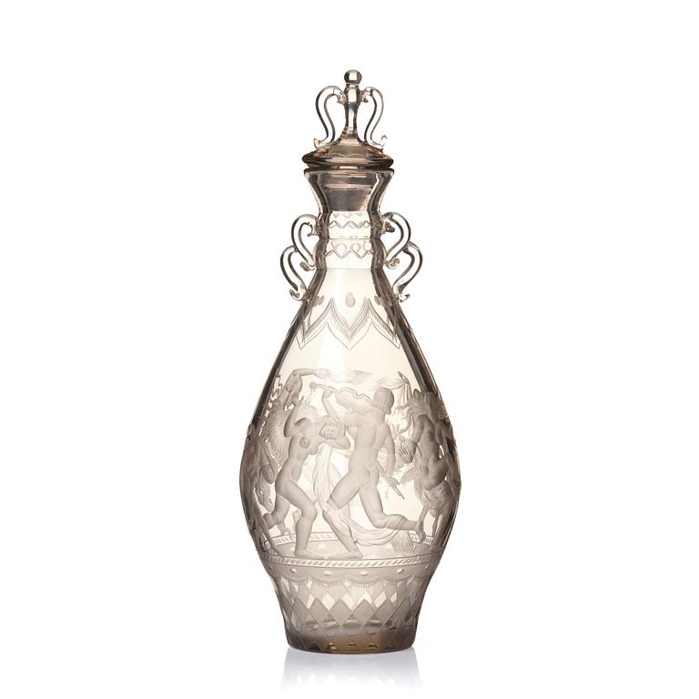 Simon Gate, an engraved glass decanter with stopper, Orrefors 1926, model 234.