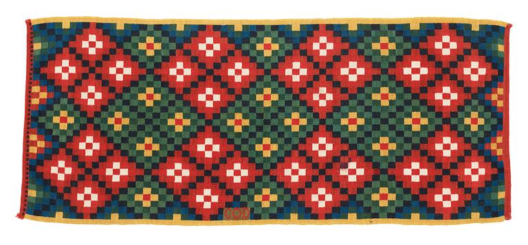 CARRIAGE CUSHION. Rölakan (flat weave). 47 x 110 cm. Skåne second half of the 19th century.