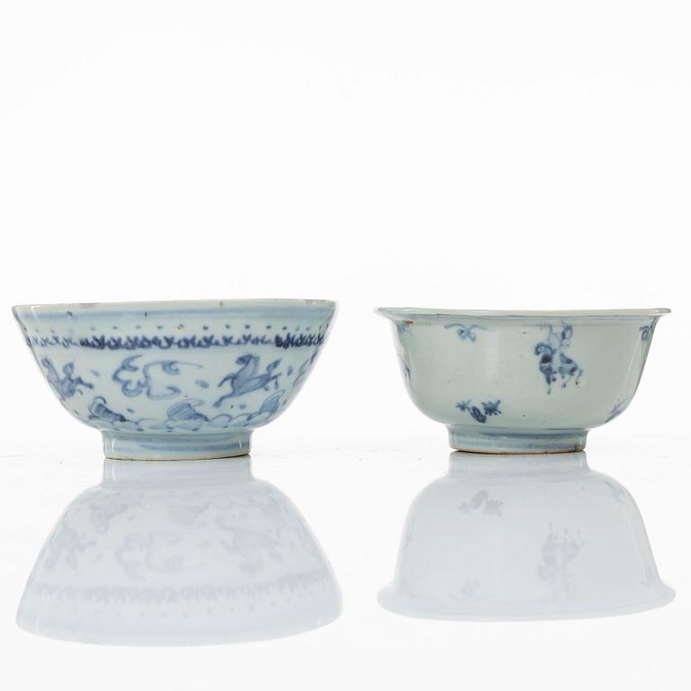 A group of four blue and white porcelain bowls, made for the Southeast Asian market, Ming and Qing dynasty.