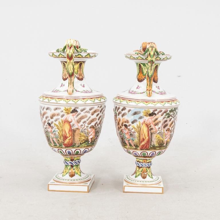 Urns a pair Capo Di Monte, Napoli-like marking, Italy, 20th century porcelain.