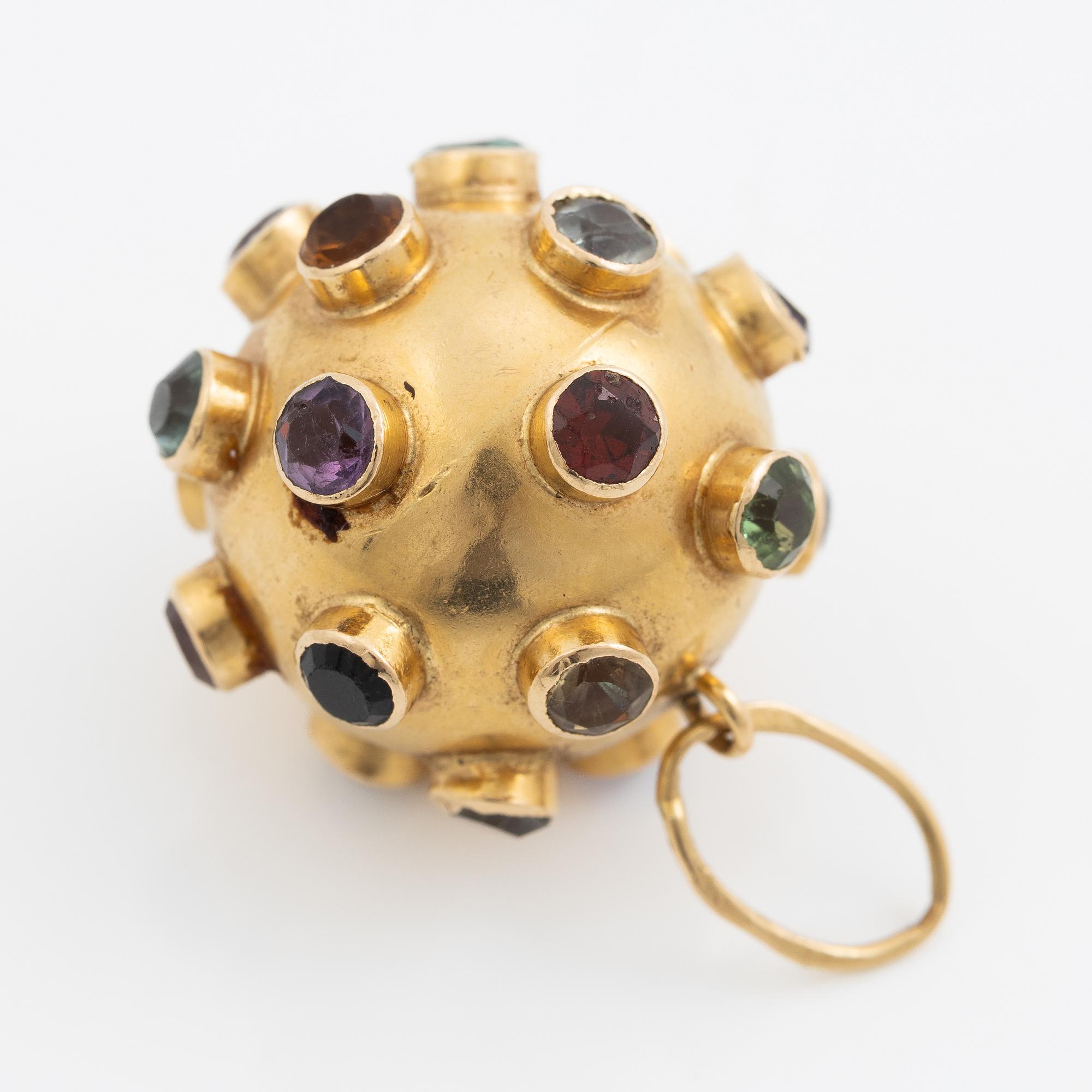 Pendant, "sputnik", 18K gold with coloured stones.